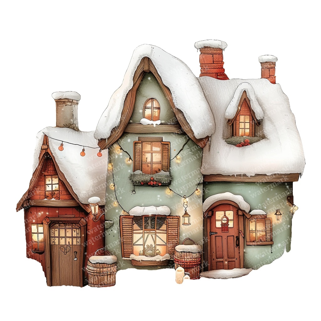 【商用利用可】魔法の冬の家(水彩ウィンターハウス)クリップアート15点セット|高解像度JPG|雪景色・ファンタジー風景|コラージュ・ジャンクジャーナル素材|即ダウンロード