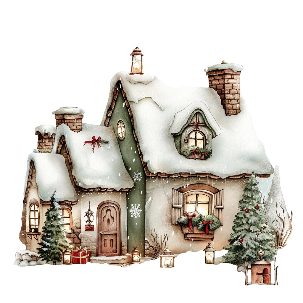 【商用利用可】魔法の冬の家(水彩ウィンターハウス)クリップアート15点セット|高解像度JPG|雪景色・ファンタジー風景|コラージュ・ジャンクジャーナル素材|即ダウンロード