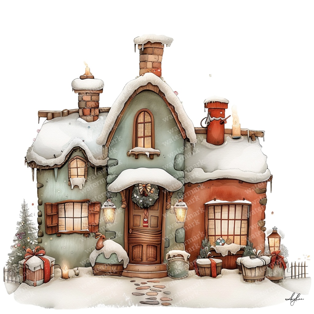 【商用利用可】魔法の冬の家(水彩ウィンターハウス)クリップアート15点セット|高解像度JPG|雪景色・ファンタジー風景|コラージュ・ジャンクジャーナル素材|即ダウンロード