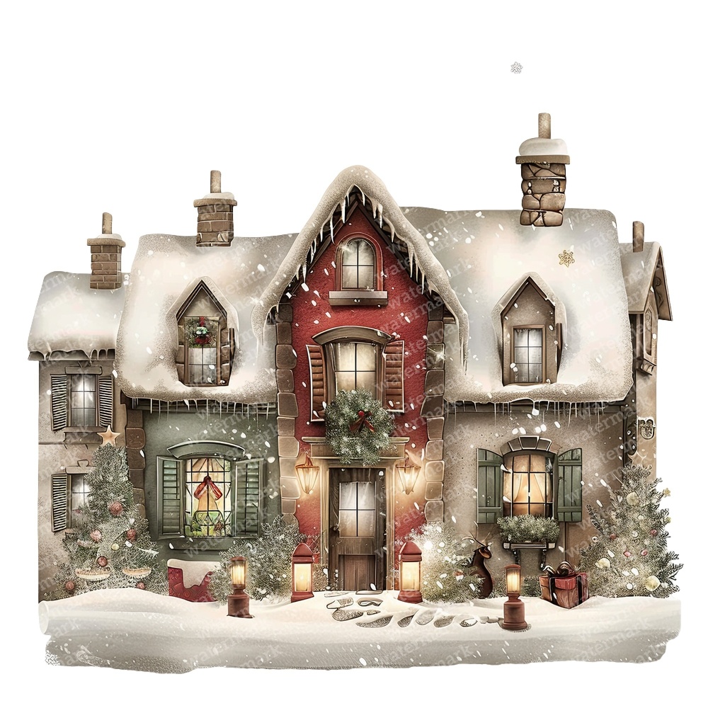 【商用利用可】魔法の冬の家(水彩ウィンターハウス)クリップアート15点セット|高解像度JPG|雪景色・ファンタジー風景|コラージュ・ジャンクジャーナル素材|即ダウンロード