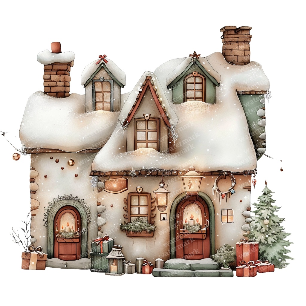 【商用利用可】魔法の冬の家(水彩ウィンターハウス)クリップアート15点セット|高解像度JPG|雪景色・ファンタジー風景|コラージュ・ジャンクジャーナル素材|即ダウンロード