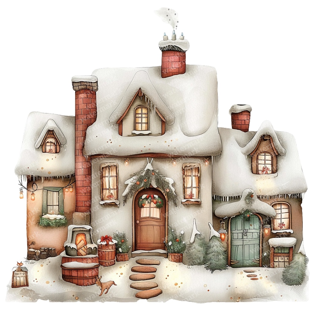 【商用利用可】魔法の冬の家(水彩ウィンターハウス)クリップアート15点セット|高解像度JPG|雪景色・ファンタジー風景|コラージュ・ジャンクジャーナル素材|即ダウンロード