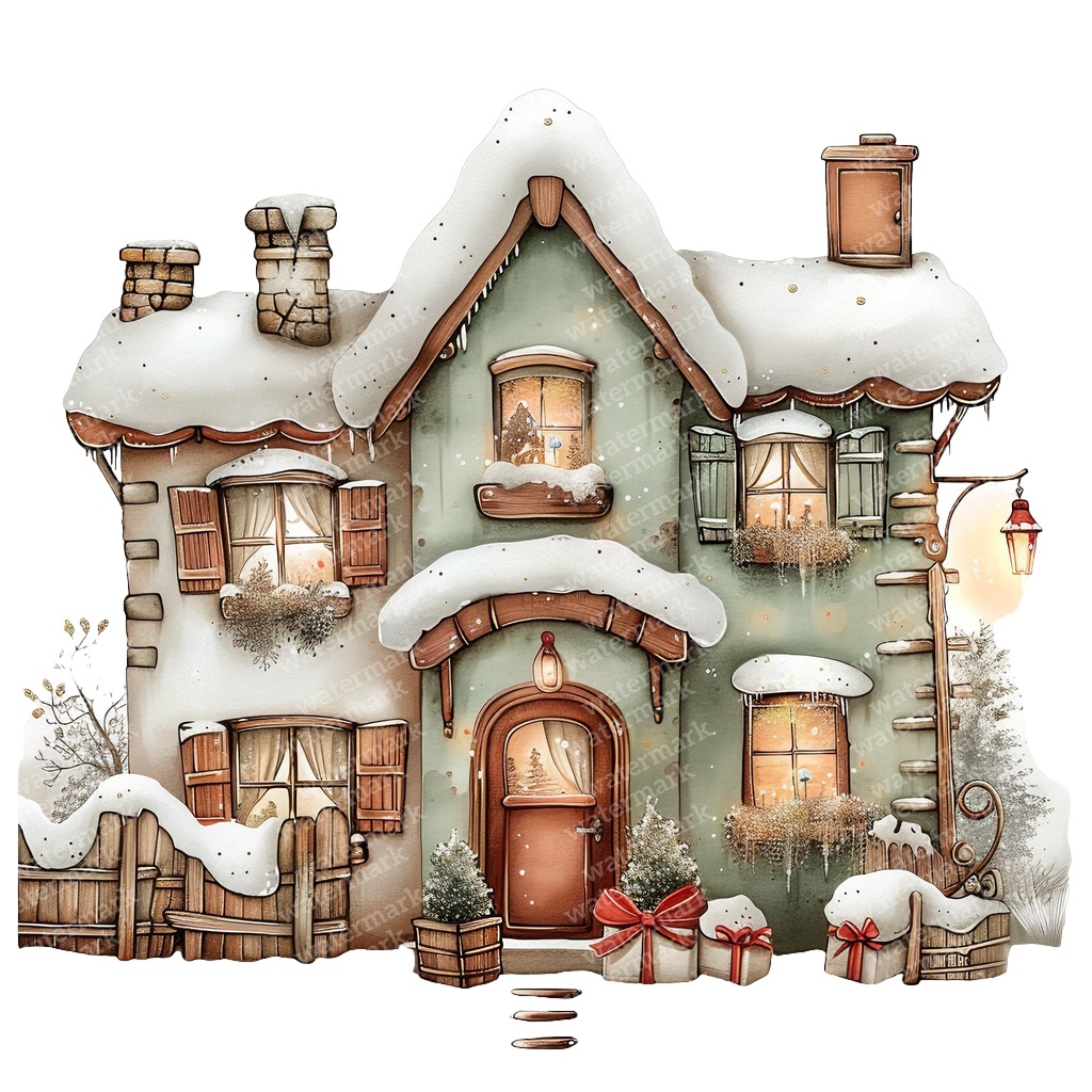 【商用利用可】魔法の冬の家(水彩ウィンターハウス)クリップアート15点セット|高解像度JPG|雪景色・ファンタジー風景|コラージュ・ジャンクジャーナル素材|即ダウンロード