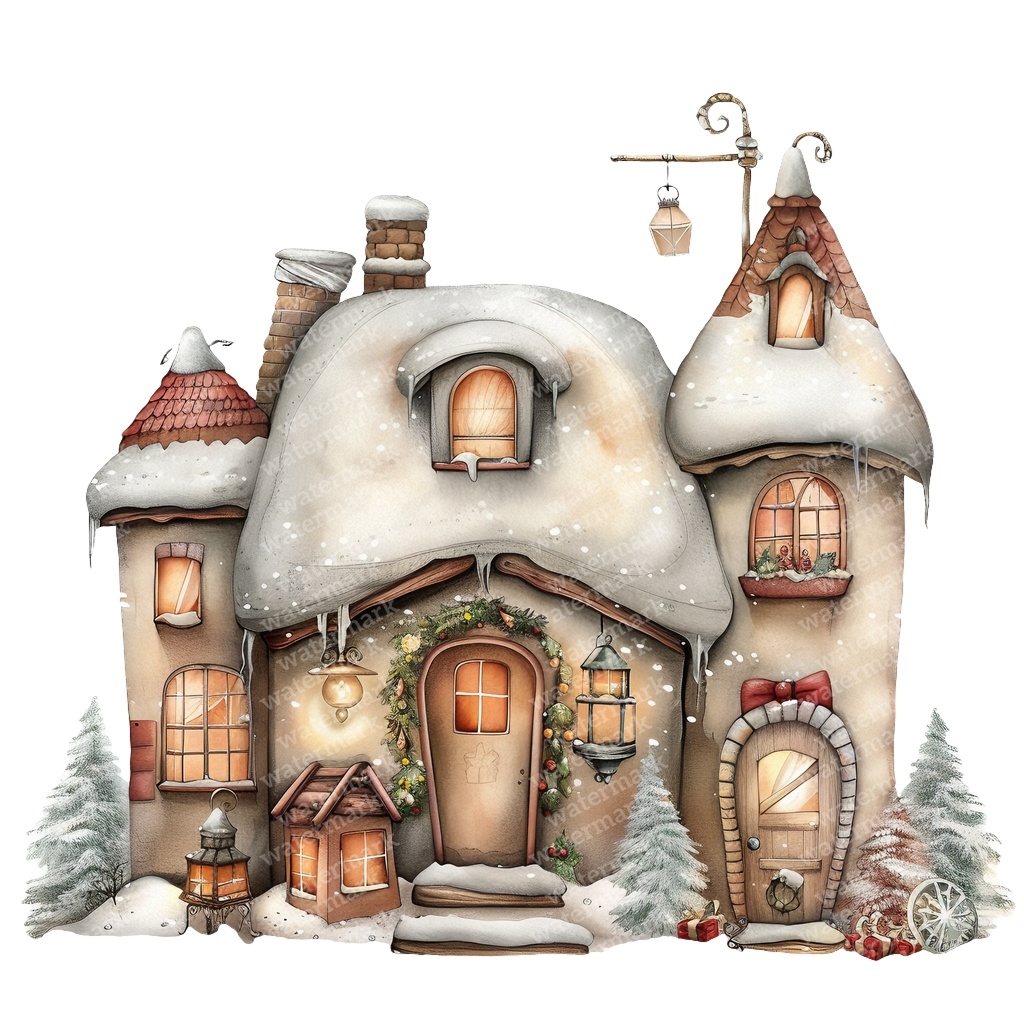 【商用利用可】魔法の冬の家(水彩ウィンターハウス)クリップアート15点セット|高解像度JPG|雪景色・ファンタジー風景|コラージュ・ジャンクジャーナル素材|即ダウンロード