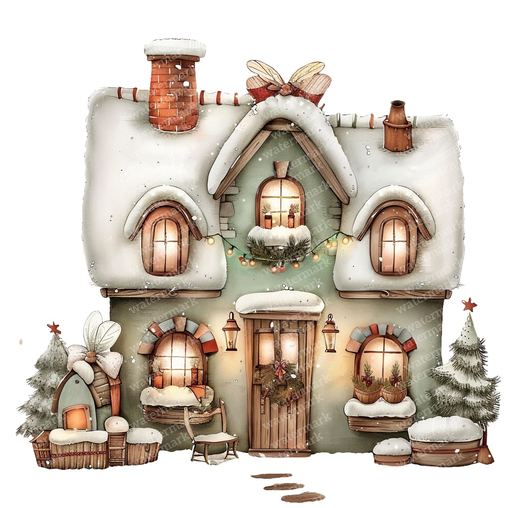 【商用利用可】魔法の冬の家(水彩ウィンターハウス)クリップアート15点セット|高解像度JPG|雪景色・ファンタジー風景|コラージュ・ジャンクジャーナル素材|即ダウンロード
