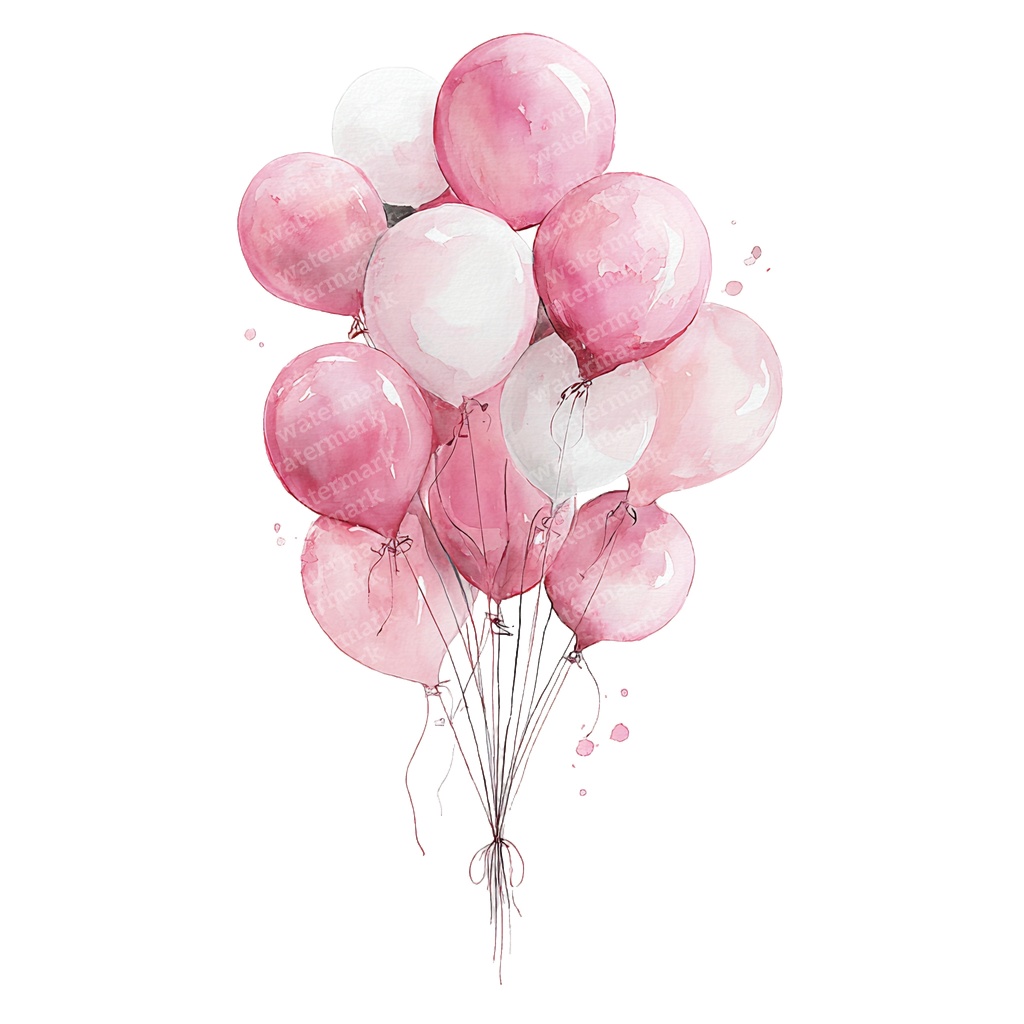 【商用利用可】ピンクバルーン(水彩風船)クリップアート20点セット|高解像度・透過PNG|ゆめかわ・パーティー装飾|コラージュ・ジャンクジャーナル素材|即ダウンロード