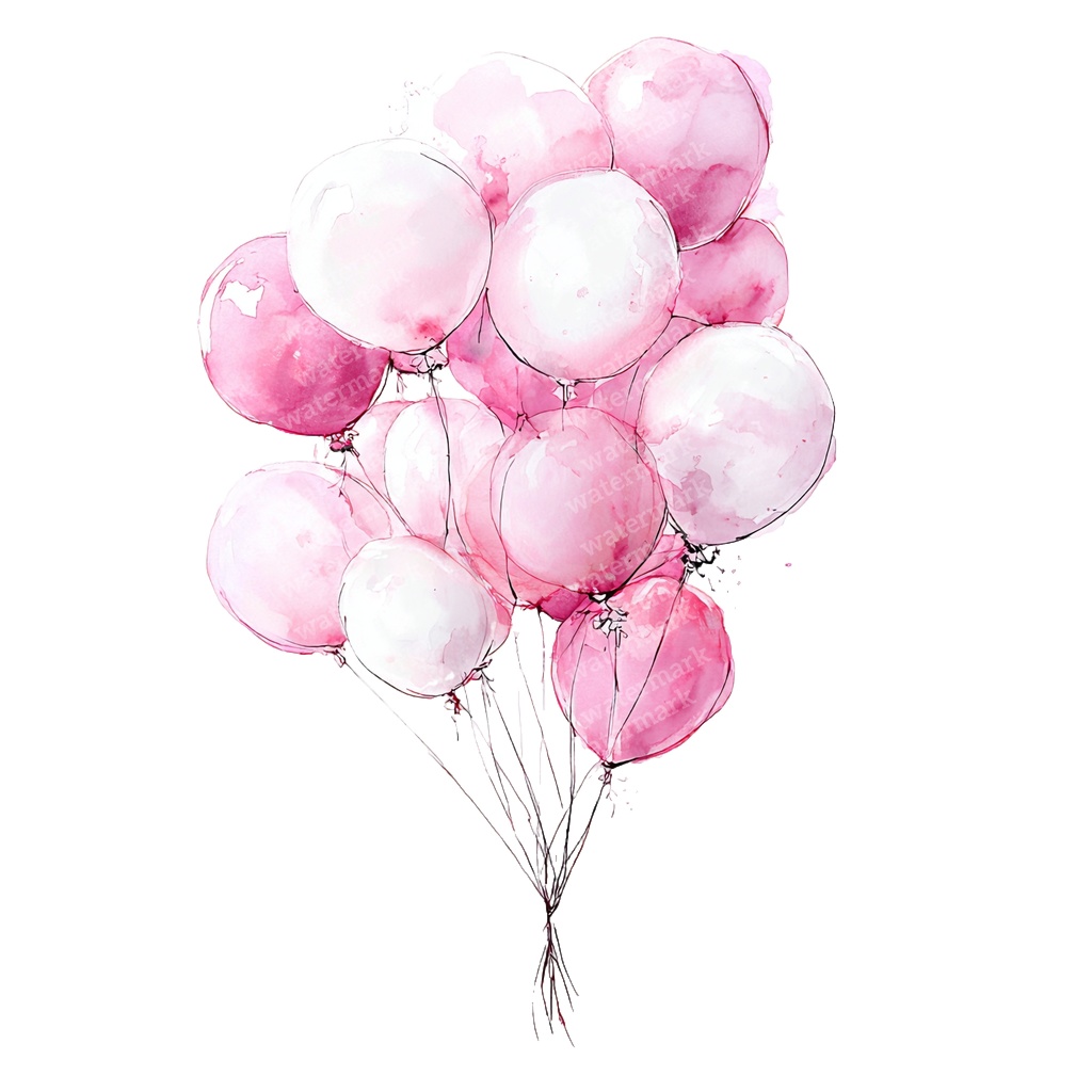 【商用利用可】ピンクバルーン(水彩風船)クリップアート20点セット|高解像度・透過PNG|ゆめかわ・パーティー装飾|コラージュ・ジャンクジャーナル素材|即ダウンロード