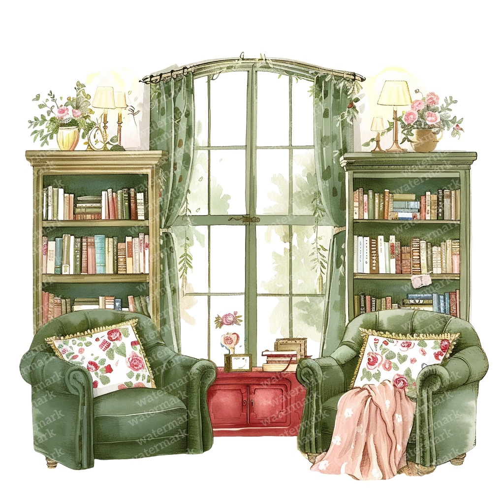 【商用利用可】コージーヴィンテージ読書部屋(水彩リーディングルーム)クリップアート15点セット|高解像度・透過PNG|暖かいインテリア・コラージュ・ジャンクジャーナル素材|即ダウンロード