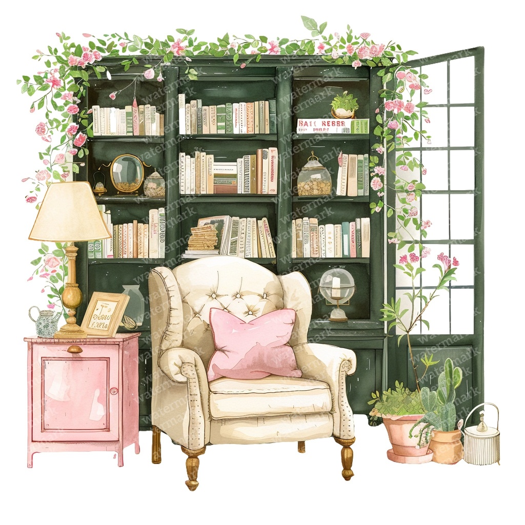 【商用利用可】コージーヴィンテージ読書部屋(水彩リーディングルーム)クリップアート15点セット|高解像度・透過PNG|暖かいインテリア・コラージュ・ジャンクジャーナル素材|即ダウンロード