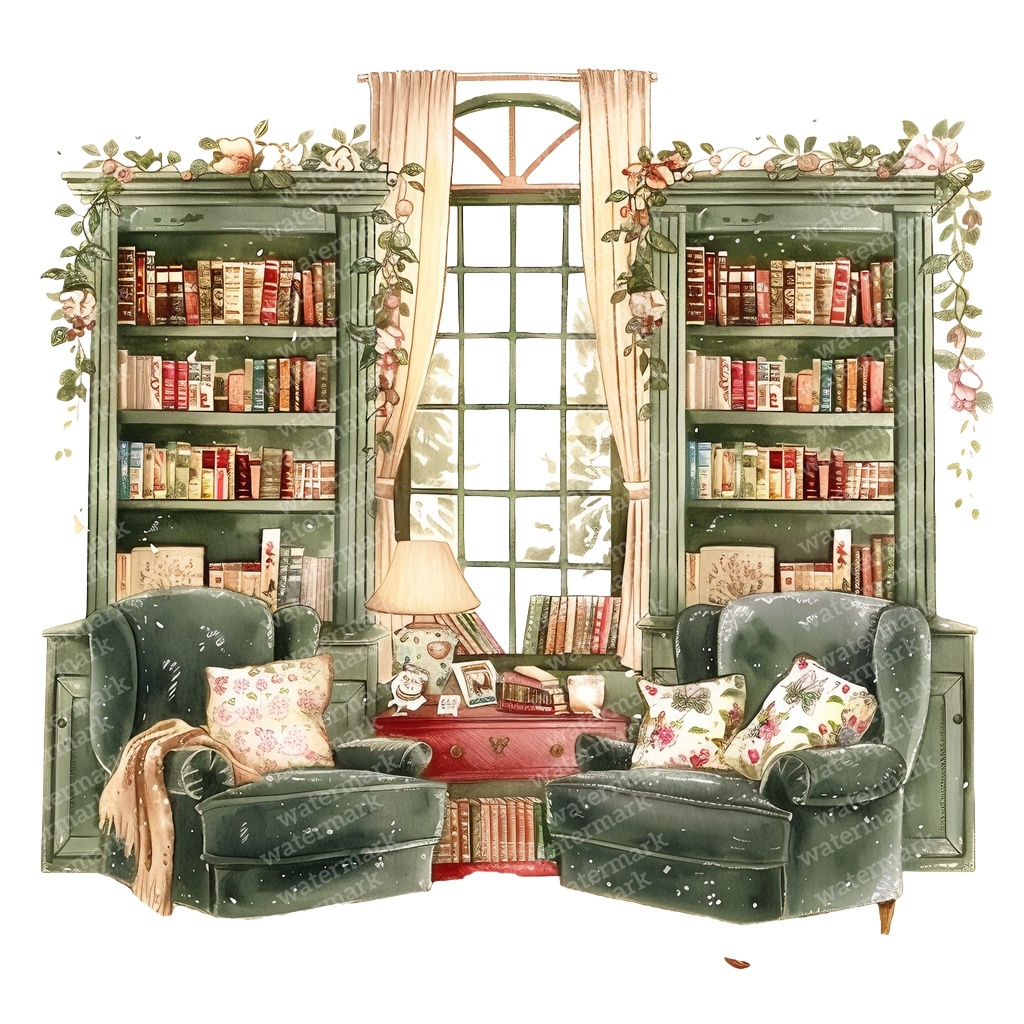 【商用利用可】コージーヴィンテージ読書部屋(水彩リーディングルーム)クリップアート15点セット|高解像度・透過PNG|暖かいインテリア・コラージュ・ジャンクジャーナル素材|即ダウンロード