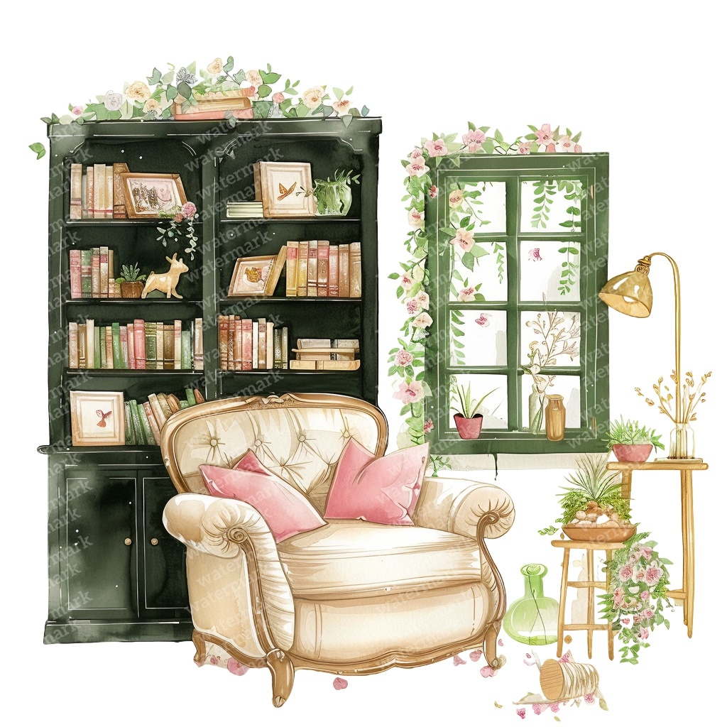 【商用利用可】コージーヴィンテージ読書部屋(水彩リーディングルーム)クリップアート15点セット|高解像度・透過PNG|暖かいインテリア・コラージュ・ジャンクジャーナル素材|即ダウンロード