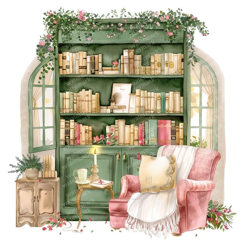 【商用利用可】コージーヴィンテージ読書部屋(水彩リーディングルーム)クリップアート15点セット|高解像度・透過PNG|暖かいインテリア・コラージュ・ジャンクジャーナル素材|即ダウンロード