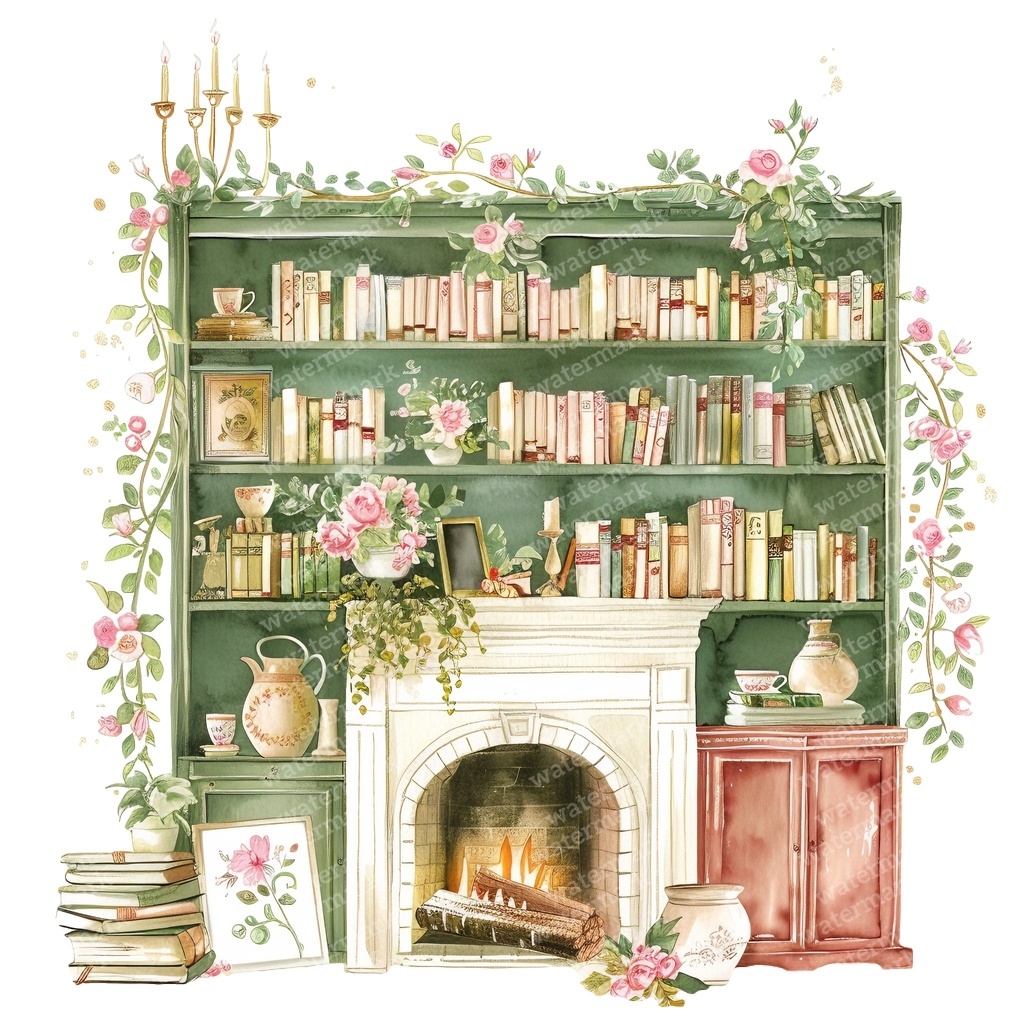 【商用利用可】コージーヴィンテージ読書部屋(水彩リーディングルーム)クリップアート15点セット|高解像度・透過PNG|暖かいインテリア・コラージュ・ジャンクジャーナル素材|即ダウンロード