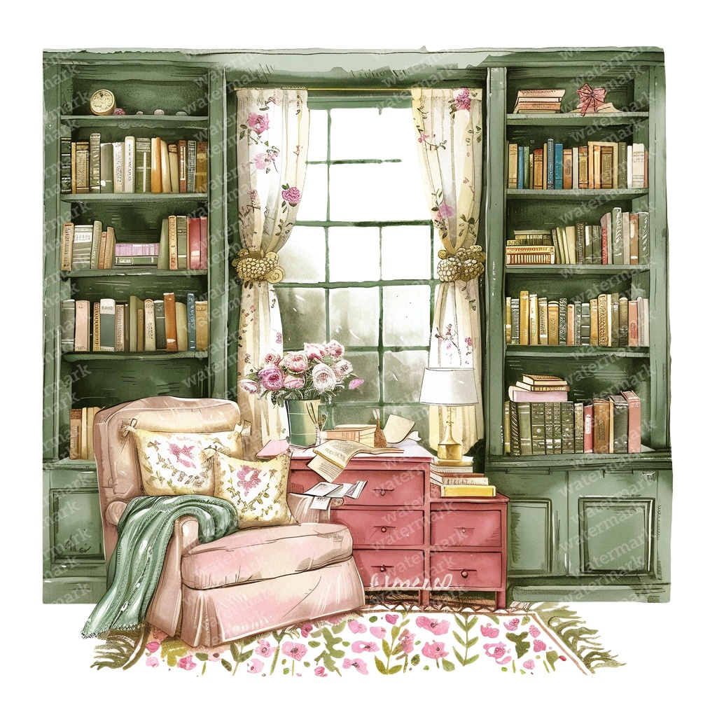 【商用利用可】コージーヴィンテージ読書部屋(水彩リーディングルーム)クリップアート15点セット|高解像度・透過PNG|暖かいインテリア・コラージュ・ジャンクジャーナル素材|即ダウンロード