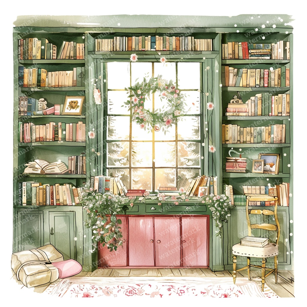 【商用利用可】コージーヴィンテージ読書部屋(水彩リーディングルーム)クリップアート15点セット|高解像度・透過PNG|暖かいインテリア・コラージュ・ジャンクジャーナル素材|即ダウンロード