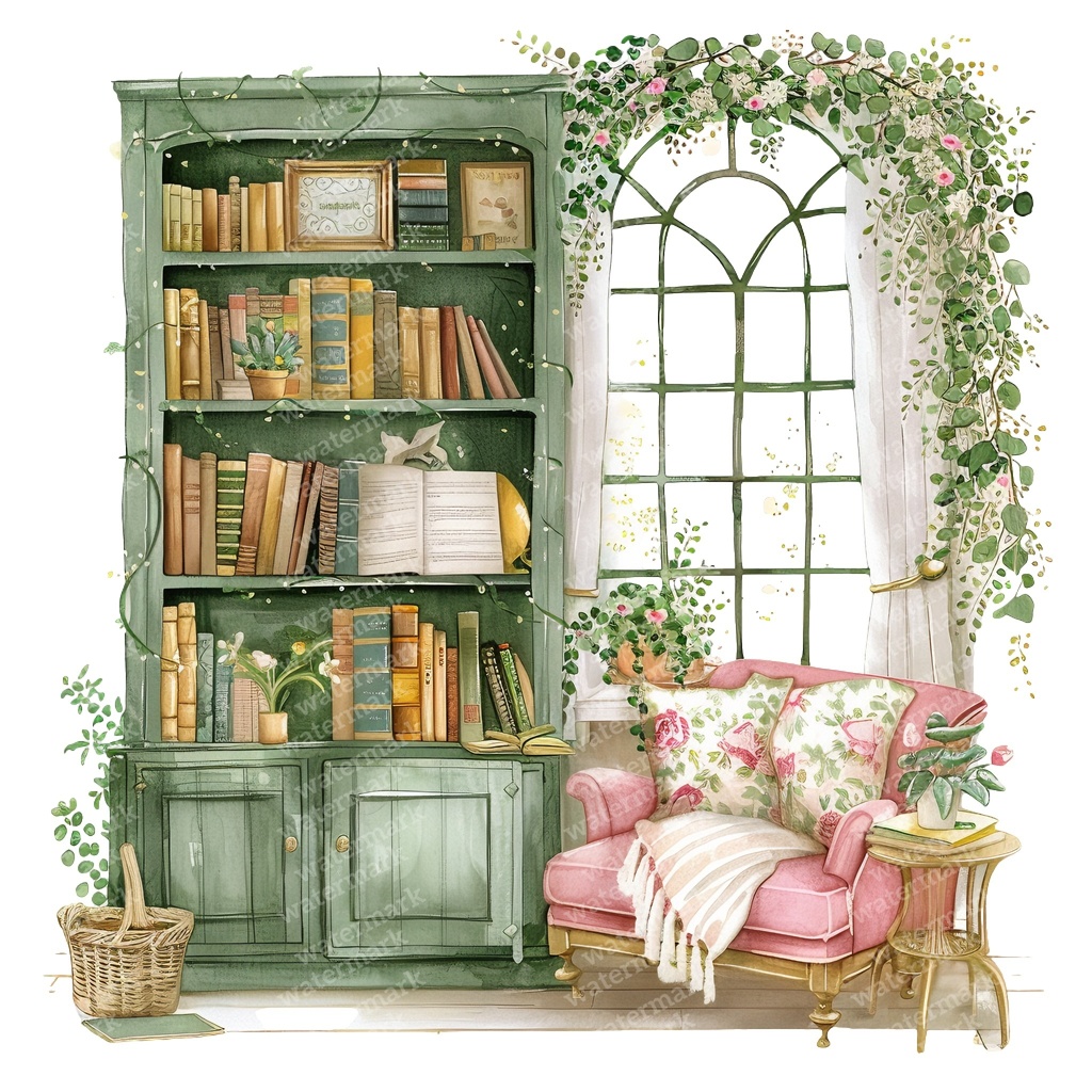 【商用利用可】コージーヴィンテージ読書部屋(水彩リーディングルーム)クリップアート15点セット|高解像度・透過PNG|暖かいインテリア・コラージュ・ジャンクジャーナル素材|即ダウンロード