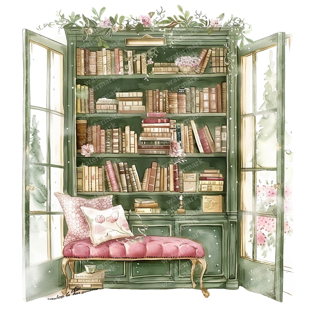 【商用利用可】コージーヴィンテージ読書部屋(水彩リーディングルーム)クリップアート15点セット|高解像度・透過PNG|暖かいインテリア・コラージュ・ジャンクジャーナル素材|即ダウンロード