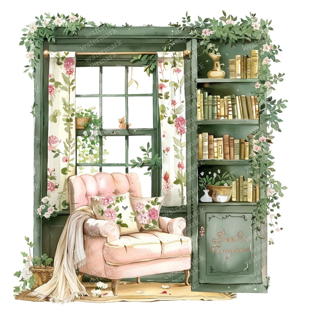 【商用利用可】コージーヴィンテージ読書部屋(水彩リーディングルーム)クリップアート15点セット|高解像度・透過PNG|暖かいインテリア・コラージュ・ジャンクジャーナル素材|即ダウンロード