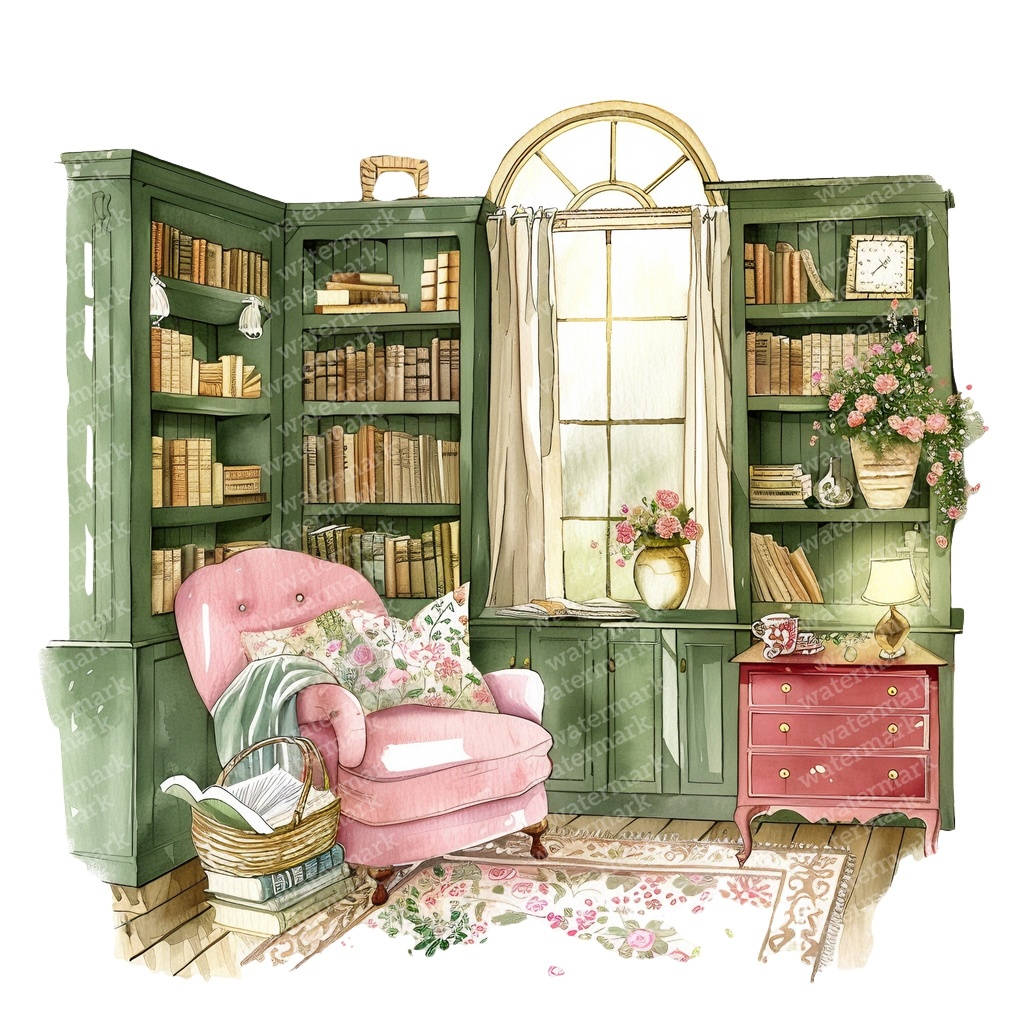 【商用利用可】コージーヴィンテージ読書部屋(水彩リーディングルーム)クリップアート15点セット|高解像度・透過PNG|暖かいインテリア・コラージュ・ジャンクジャーナル素材|即ダウンロード