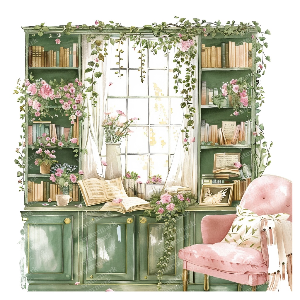 【商用利用可】コージーヴィンテージ読書部屋(水彩リーディングルーム)クリップアート15点セット|高解像度・透過PNG|暖かいインテリア・コラージュ・ジャンクジャーナル素材|即ダウンロード