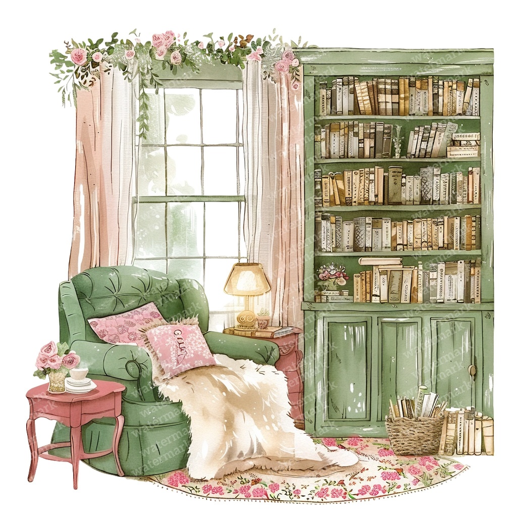 【商用利用可】コージーヴィンテージ読書部屋(水彩リーディングルーム)クリップアート15点セット|高解像度・透過PNG|暖かいインテリア・コラージュ・ジャンクジャーナル素材|即ダウンロード
