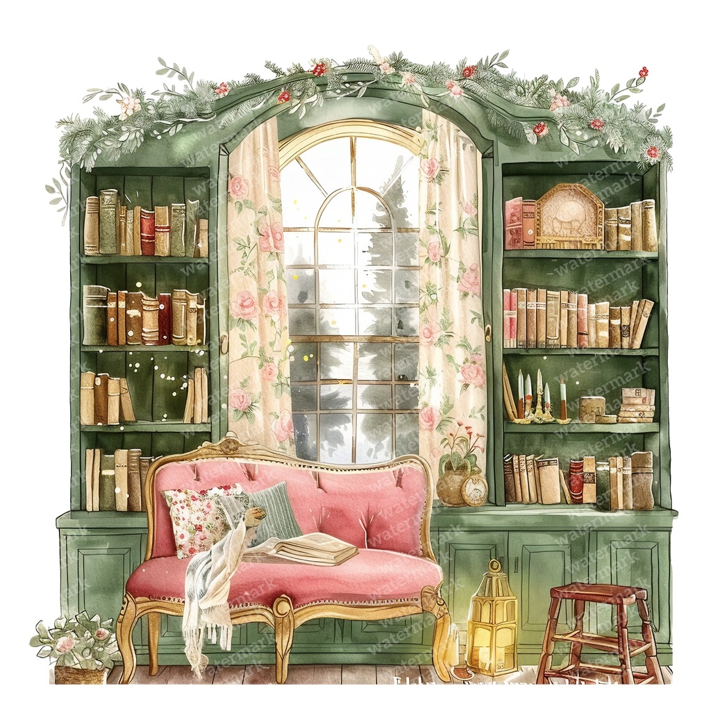 【商用利用可】コージーヴィンテージ読書部屋(水彩リーディングルーム)クリップアート15点セット|高解像度・透過PNG|暖かいインテリア・コラージュ・ジャンクジャーナル素材|即ダウンロード