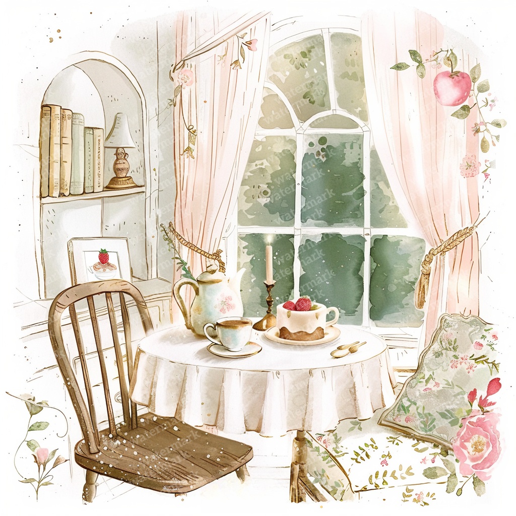 【商用利用可】アフタヌーンティーコーナー(水彩ティータイム)クリップアート18点セット|高解像度JPG|カフェ風インテリア・コラージュ・ジャンクジャーナル素材|即ダウンロード