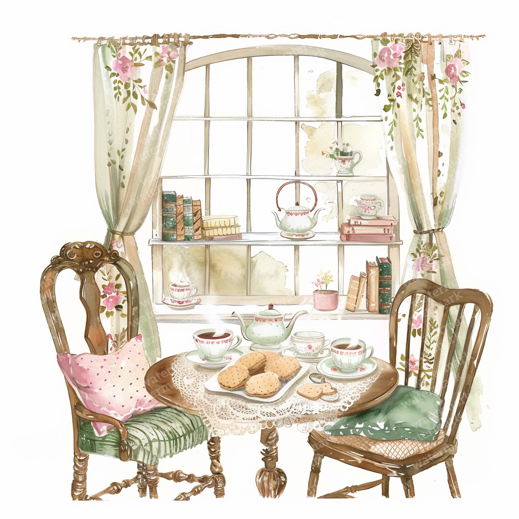 【商用利用可】アフタヌーンティーコーナー(水彩ティータイム)クリップアート18点セット|高解像度JPG|カフェ風インテリア・コラージュ・ジャンクジャーナル素材|即ダウンロード