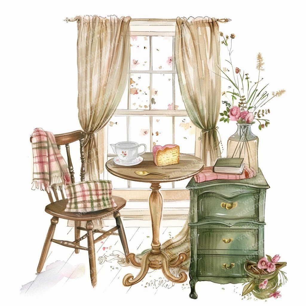 【商用利用可】アフタヌーンティーコーナー(水彩ティータイム)クリップアート18点セット|高解像度JPG|カフェ風インテリア・コラージュ・ジャンクジャーナル素材|即ダウンロード