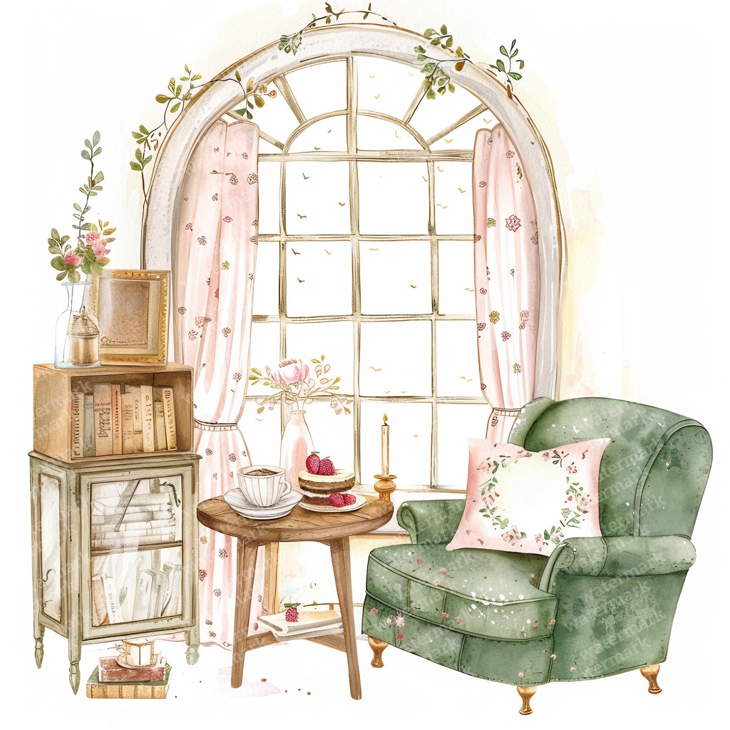【商用利用可】アフタヌーンティーコーナー(水彩ティータイム)クリップアート18点セット|高解像度JPG|カフェ風インテリア・コラージュ・ジャンクジャーナル素材|即ダウンロード