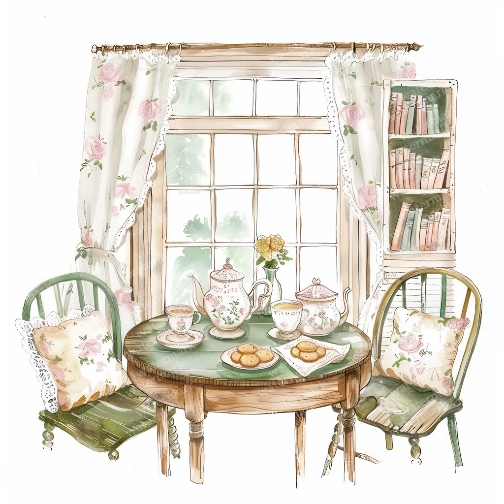 【商用利用可】アフタヌーンティーコーナー(水彩ティータイム)クリップアート18点セット|高解像度JPG|カフェ風インテリア・コラージュ・ジャンクジャーナル素材|即ダウンロード