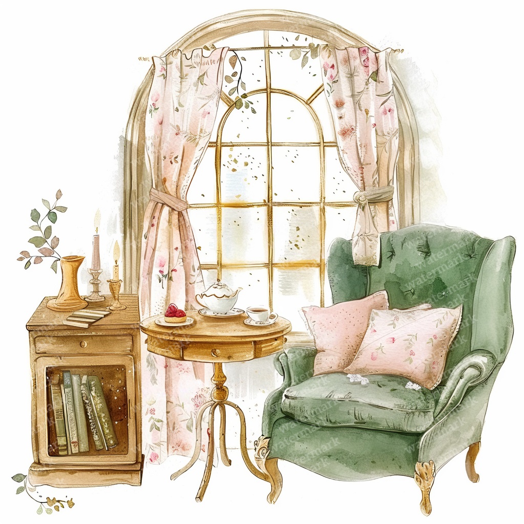【商用利用可】アフタヌーンティーコーナー(水彩ティータイム)クリップアート18点セット|高解像度JPG|カフェ風インテリア・コラージュ・ジャンクジャーナル素材|即ダウンロード
