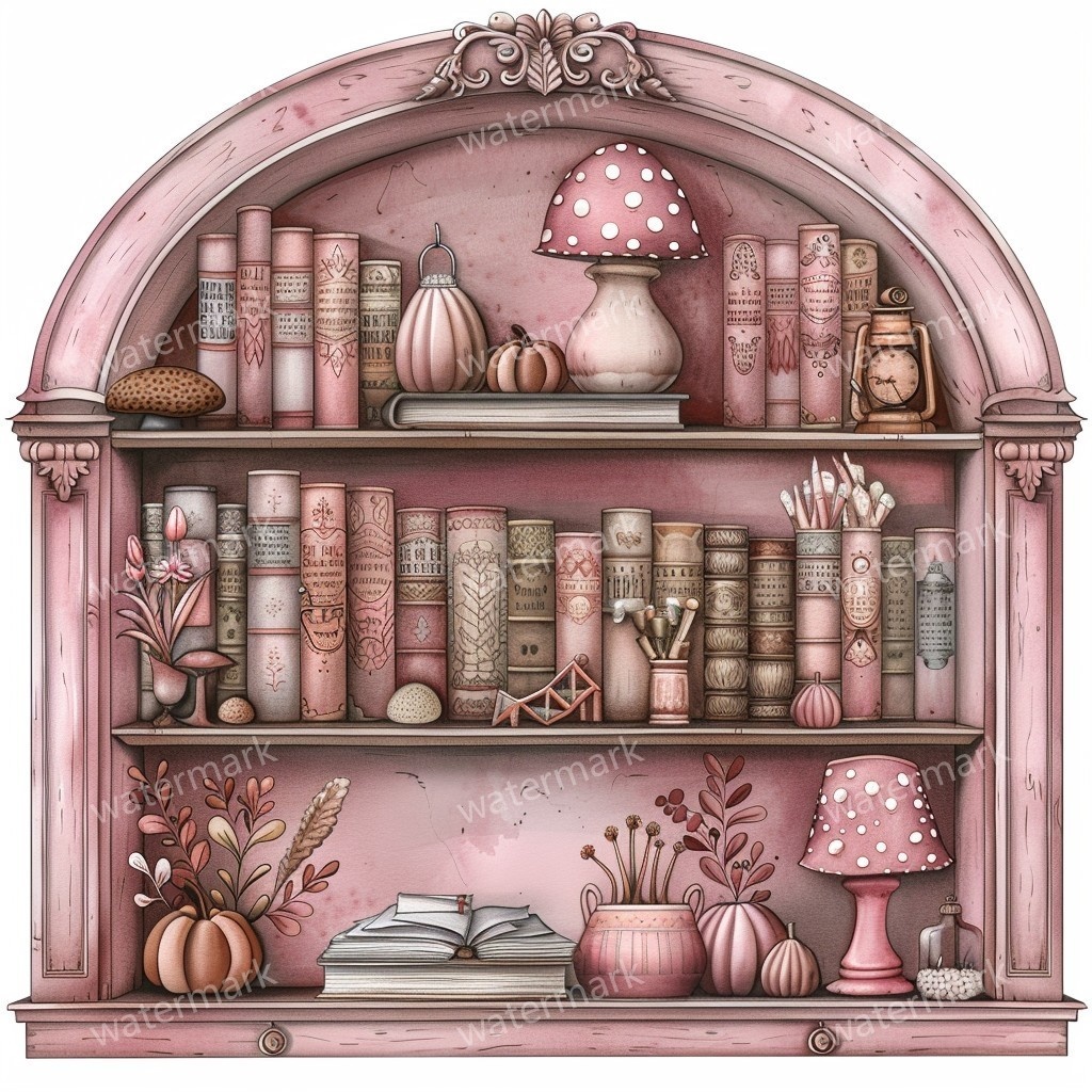 【商用利用可】アンティーク本棚(水彩ヴィンテージブックシェルフ)クリップアート20点セット|高解像度・透過PNG|クラシック家具・コラージュ・ジャンクジャーナル素材|即ダウンロード