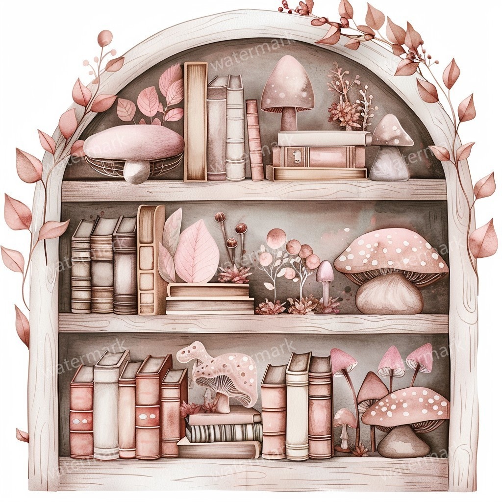 【商用利用可】アンティーク本棚(水彩ヴィンテージブックシェルフ)クリップアート20点セット|高解像度・透過PNG|クラシック家具・コラージュ・ジャンクジャーナル素材|即ダウンロード