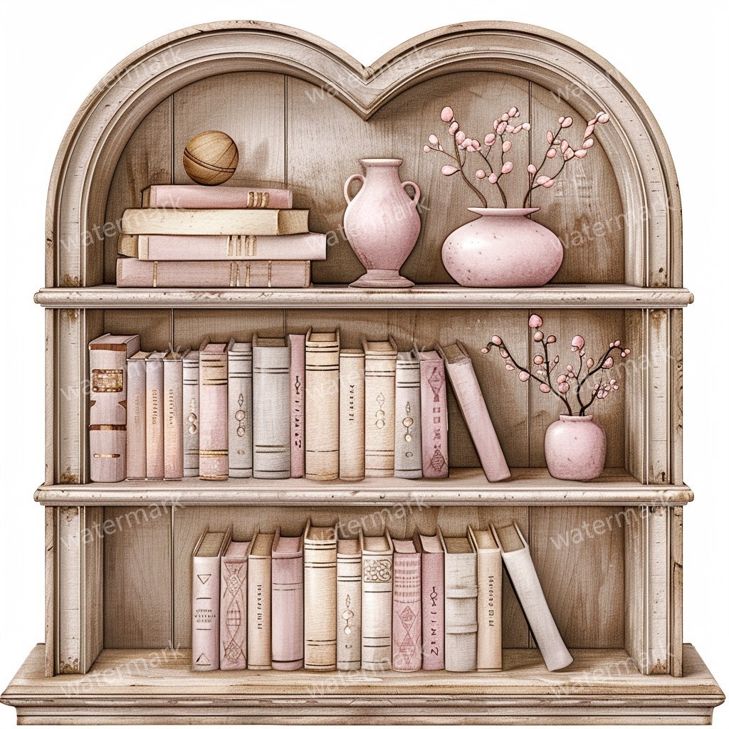 【商用利用可】アンティーク本棚(水彩ヴィンテージブックシェルフ)クリップアート20点セット|高解像度・透過PNG|クラシック家具・コラージュ・ジャンクジャーナル素材|即ダウンロード