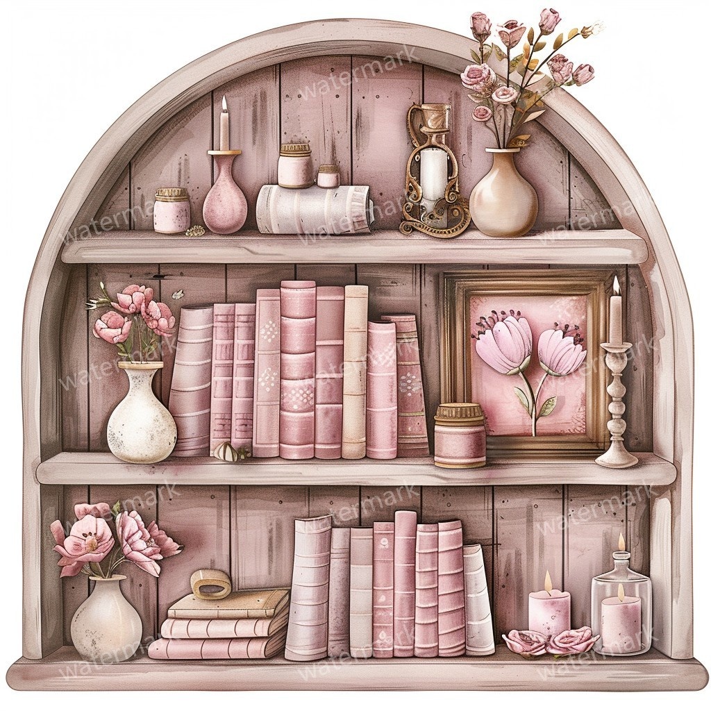 【商用利用可】アンティーク本棚(水彩ヴィンテージブックシェルフ)クリップアート20点セット|高解像度・透過PNG|クラシック家具・コラージュ・ジャンクジャーナル素材|即ダウンロード