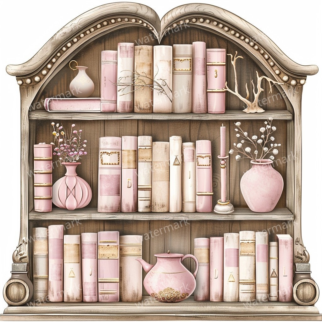【商用利用可】アンティーク本棚(水彩ヴィンテージブックシェルフ)クリップアート20点セット|高解像度・透過PNG|クラシック家具・コラージュ・ジャンクジャーナル素材|即ダウンロード