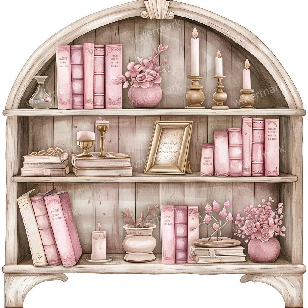 【商用利用可】アンティーク本棚(水彩ヴィンテージブックシェルフ)クリップアート20点セット|高解像度・透過PNG|クラシック家具・コラージュ・ジャンクジャーナル素材|即ダウンロード