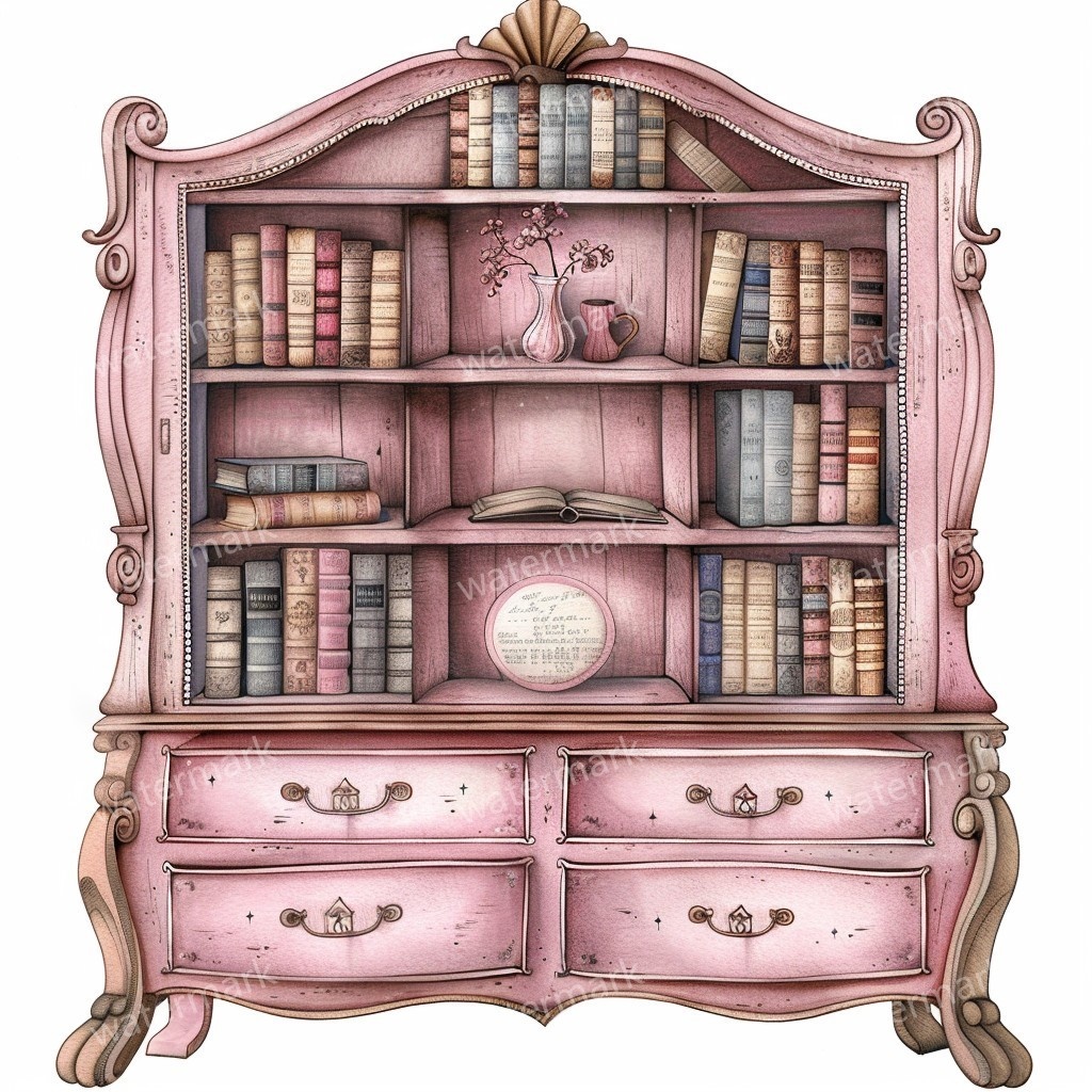 【商用利用可】アンティーク本棚(水彩ヴィンテージブックシェルフ)クリップアート20点セット|高解像度・透過PNG|クラシック家具・コラージュ・ジャンクジャーナル素材|即ダウンロード