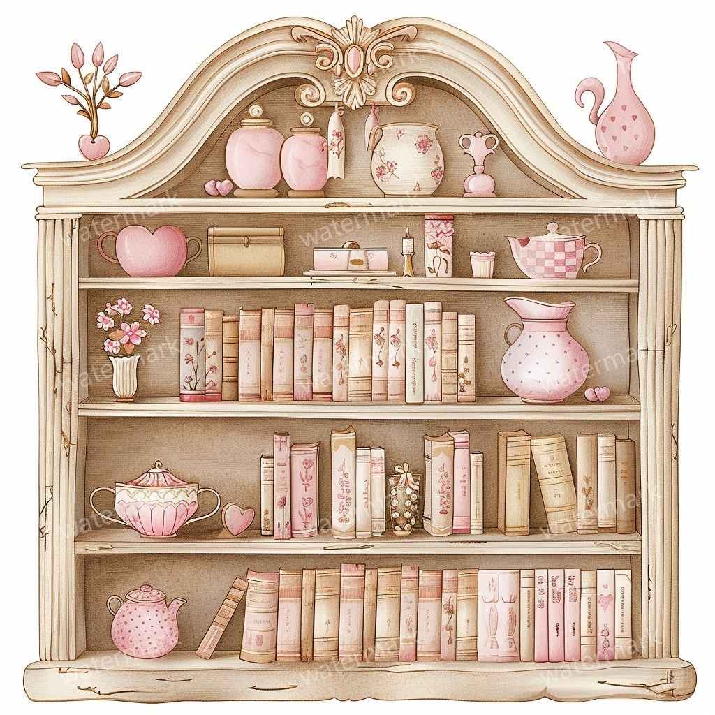 【商用利用可】アンティーク本棚(水彩ヴィンテージブックシェルフ)クリップアート20点セット|高解像度・透過PNG|クラシック家具・コラージュ・ジャンクジャーナル素材|即ダウンロード