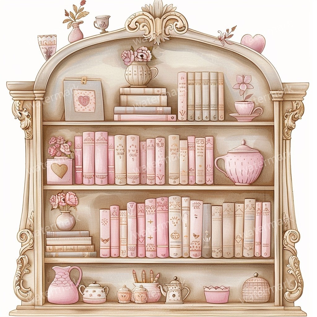 【商用利用可】アンティーク本棚(水彩ヴィンテージブックシェルフ)クリップアート20点セット|高解像度・透過PNG|クラシック家具・コラージュ・ジャンクジャーナル素材|即ダウンロード