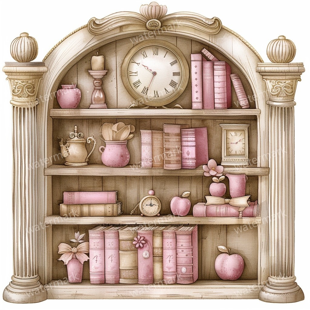 【商用利用可】アンティーク本棚(水彩ヴィンテージブックシェルフ)クリップアート20点セット|高解像度・透過PNG|クラシック家具・コラージュ・ジャンクジャーナル素材|即ダウンロード