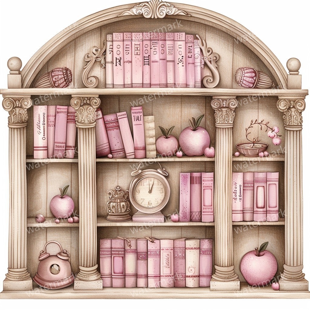 【商用利用可】アンティーク本棚(水彩ヴィンテージブックシェルフ)クリップアート20点セット|高解像度・透過PNG|クラシック家具・コラージュ・ジャンクジャーナル素材|即ダウンロード