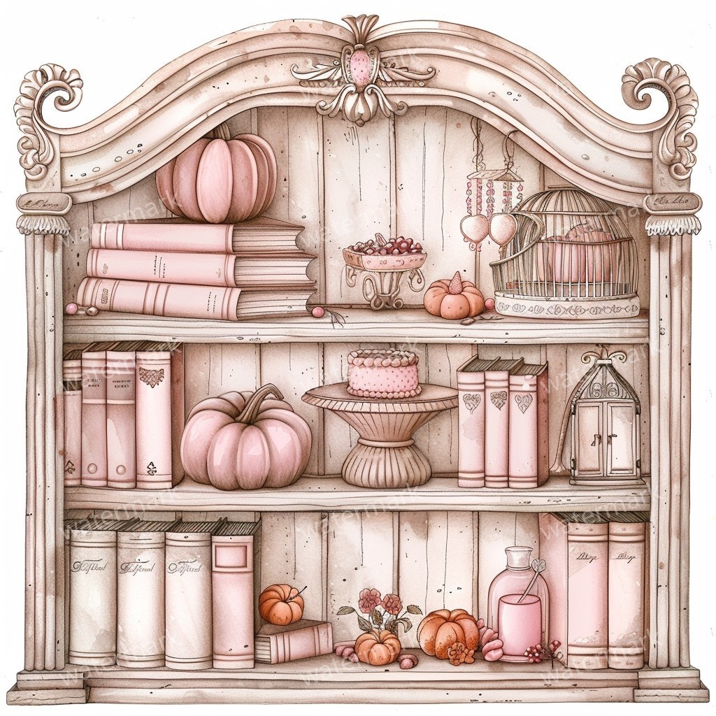 【商用利用可】アンティーク本棚(水彩ヴィンテージブックシェルフ)クリップアート20点セット|高解像度・透過PNG|クラシック家具・コラージュ・ジャンクジャーナル素材|即ダウンロード