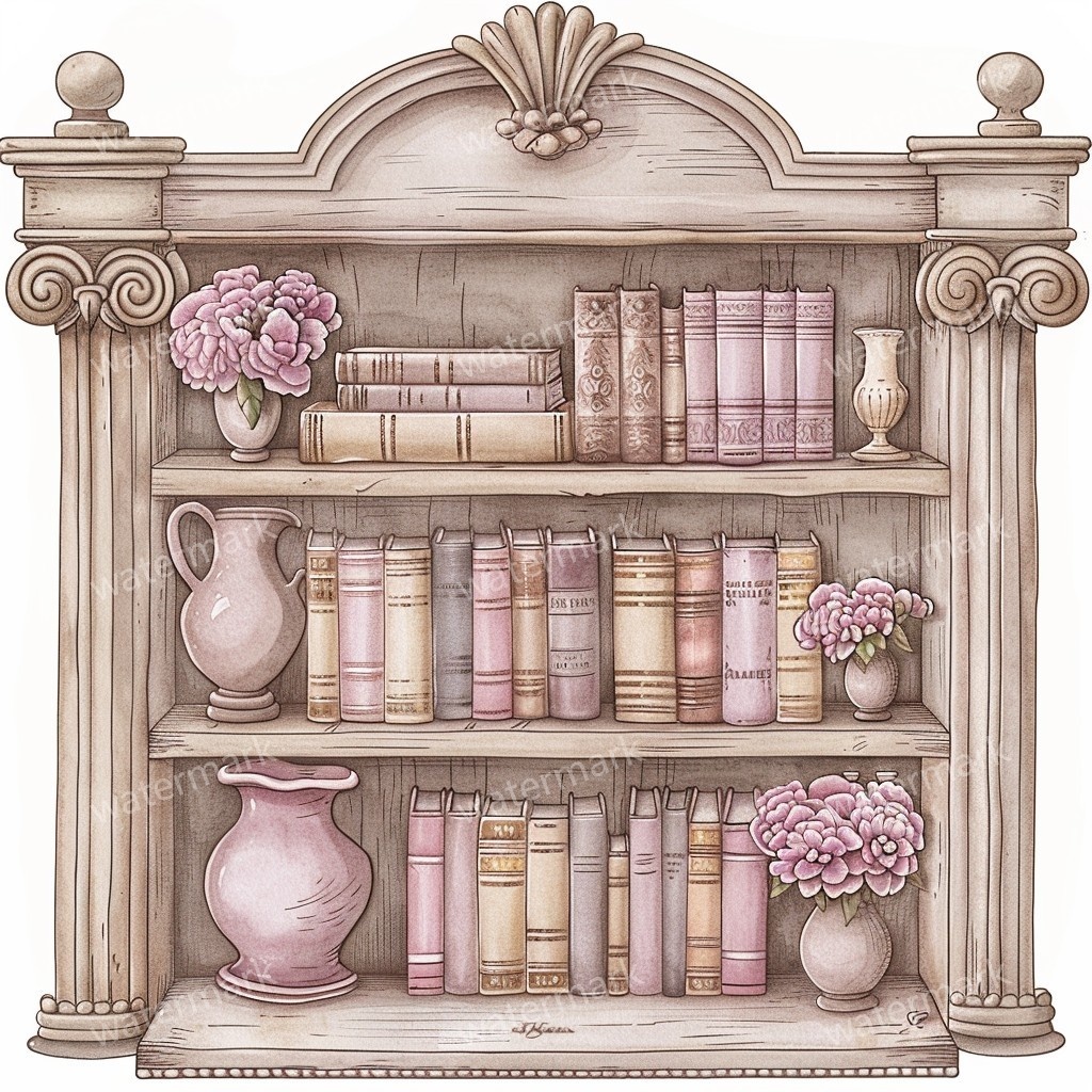 【商用利用可】アンティーク本棚(水彩ヴィンテージブックシェルフ)クリップアート20点セット|高解像度・透過PNG|クラシック家具・コラージュ・ジャンクジャーナル素材|即ダウンロード