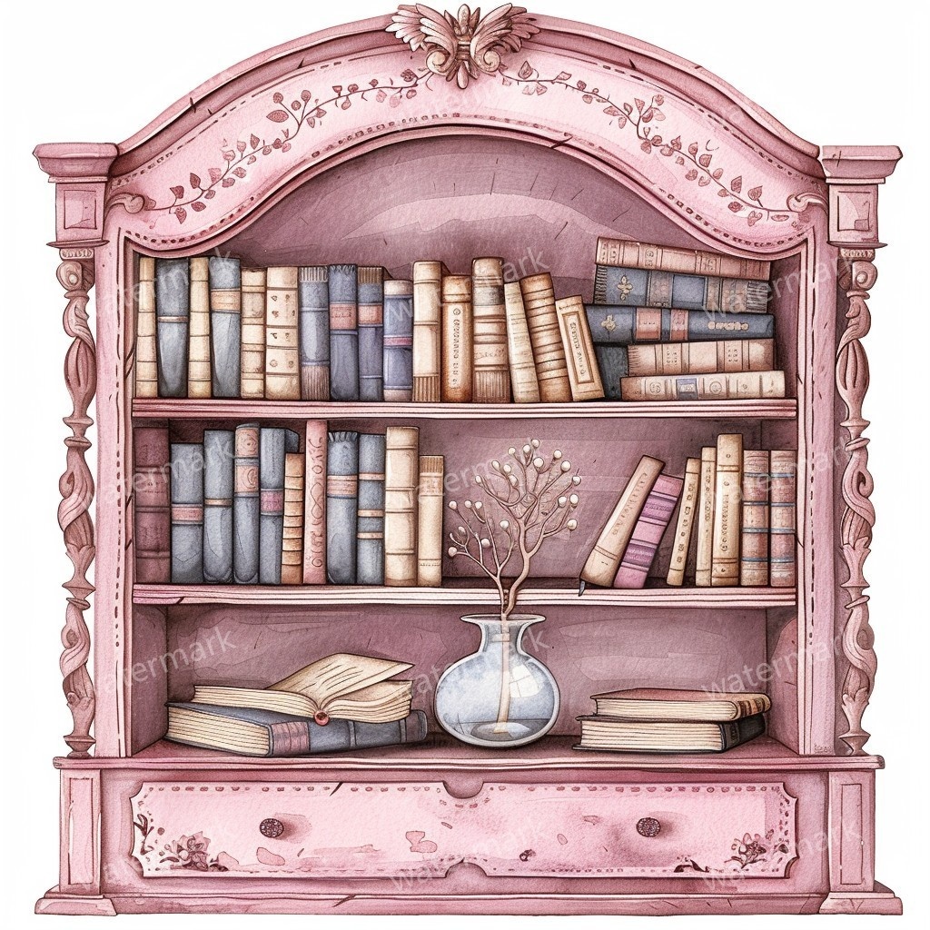 【商用利用可】アンティーク本棚(水彩ヴィンテージブックシェルフ)クリップアート20点セット|高解像度・透過PNG|クラシック家具・コラージュ・ジャンクジャーナル素材|即ダウンロード