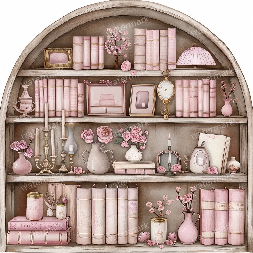 【商用利用可】アンティーク本棚(水彩ヴィンテージブックシェルフ)クリップアート20点セット|高解像度・透過PNG|クラシック家具・コラージュ・ジャンクジャーナル素材|即ダウンロード