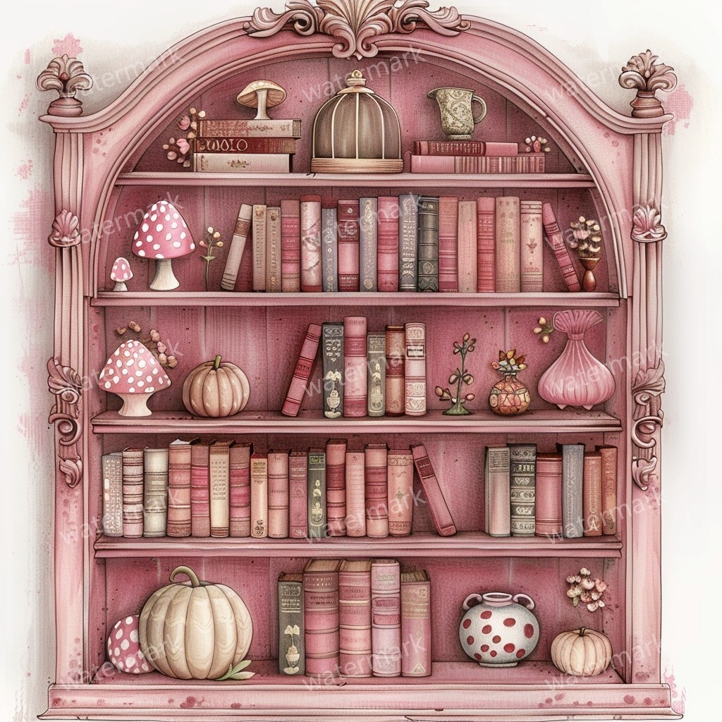 【商用利用可】アンティーク本棚(水彩ヴィンテージブックシェルフ)クリップアート20点セット|高解像度・透過PNG|クラシック家具・コラージュ・ジャンクジャーナル素材|即ダウンロード