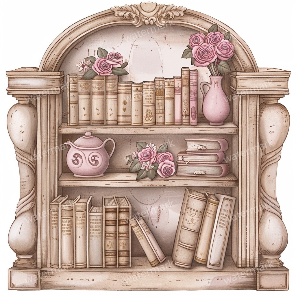 【商用利用可】アンティーク本棚(水彩ヴィンテージブックシェルフ)クリップアート20点セット|高解像度・透過PNG|クラシック家具・コラージュ・ジャンクジャーナル素材|即ダウンロード