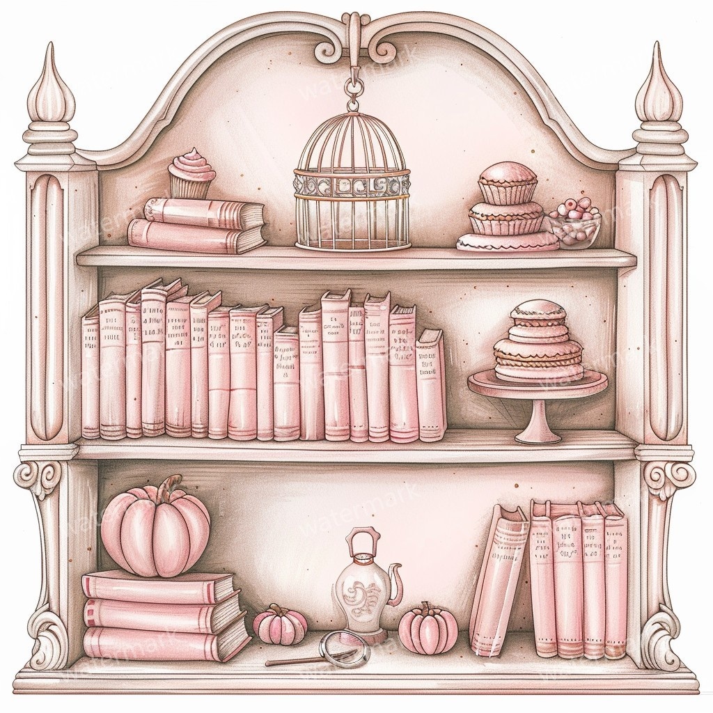 【商用利用可】アンティーク本棚(水彩ヴィンテージブックシェルフ)クリップアート20点セット|高解像度・透過PNG|クラシック家具・コラージュ・ジャンクジャーナル素材|即ダウンロード